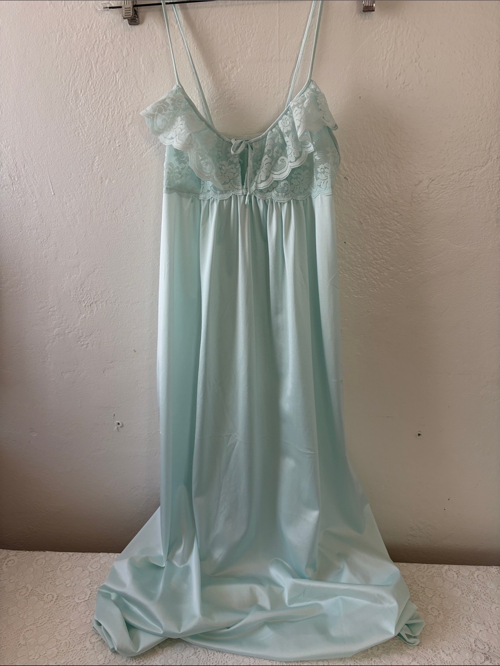Union Made Vintage Light Aqua Lace-Trim Satin Nightgown with Ruffle Bodice